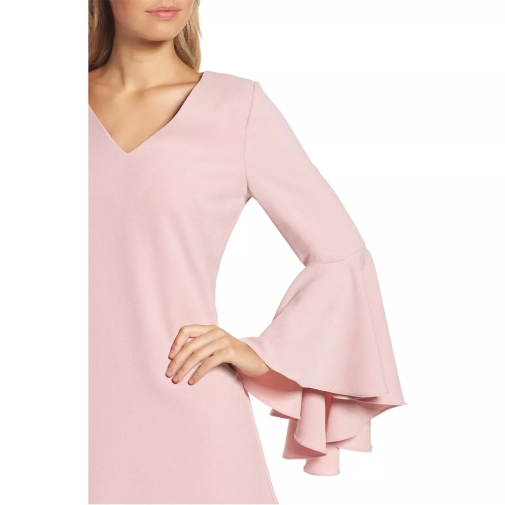 Eliza J Bell Sleeve Crepe Shift Dress Sz 14 Blush Pink Midi Length V Neck - Picture 8 of 14